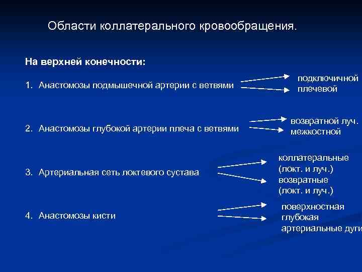 Области коллатерального кровообращения. На верхней конечности: 1. Анастомозы подмышечной артерии с ветвями 2. Анастомозы