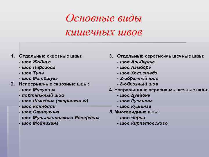 Основные виды кишечных швов 1. Отдельные сквозные швы: - шов Жобера - шов Пирогова