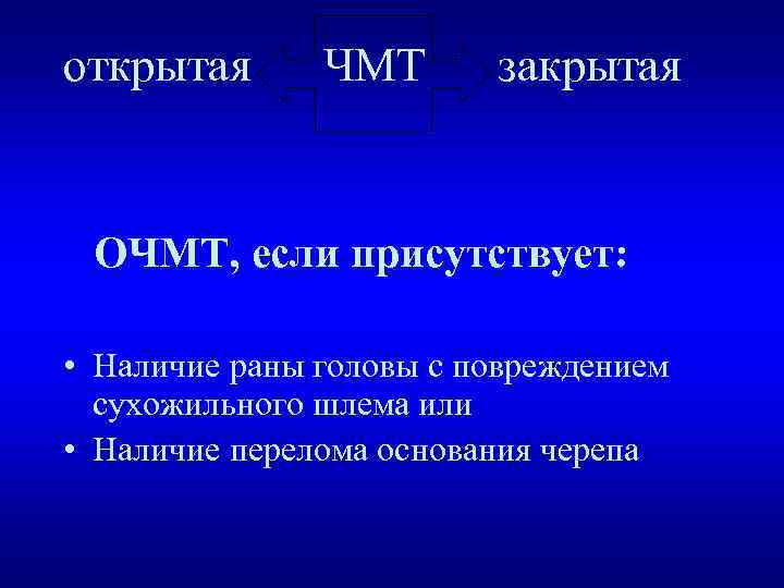 открытая ЧМТ закрытая ОЧМТ, если присутствует: • Наличие раны головы с повреждением сухожильного шлема