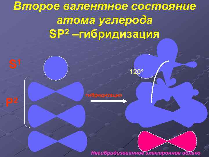 Второе валентное состояние атома углерода SP 2 –гибридизация S 1 P 2 120º гибридизация