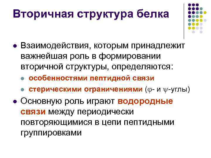 Вторичная структура белка l Взаимодействия, которым принадлежит важнейшая роль в формировании вторичной структуры, определяются: