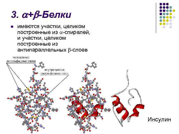 3. + -Белки l имеются участки, целиком построенные из -спиралей, и участки, целиком построенные