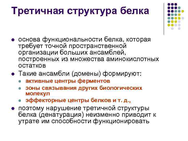 Третичная структура белка l l основа функциональности белка, которая требует точной пространственной организации больших