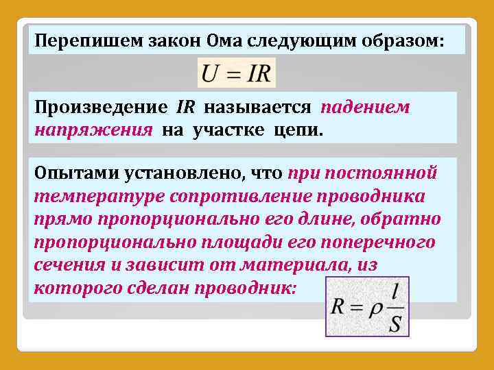 Перепишем закон Ома следующим образом: Произведение IR называется падением напряжения на участке цепи. Опытами