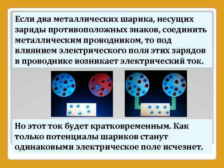 Заряды противоположного знака. Два Соединенных заряженных металлических шара. Кратковременный ток. Два заряженных тела соединить проводником. Два заряды соединить металлом.