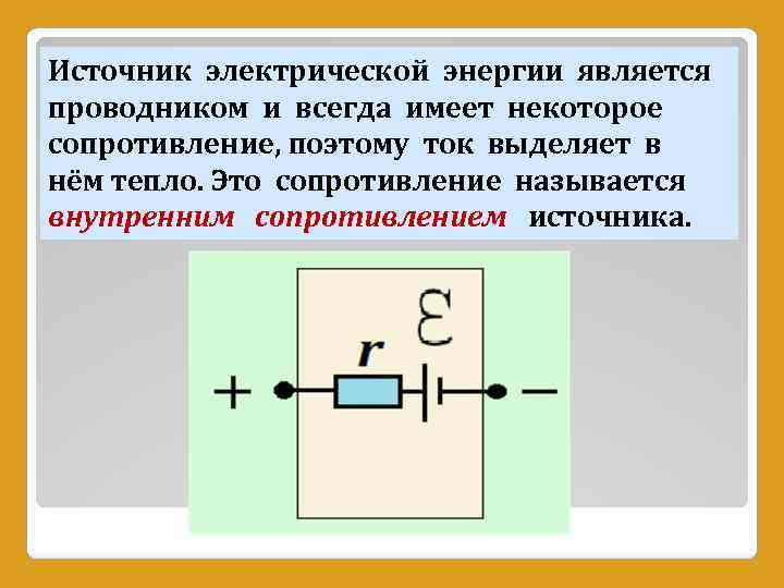 Источник электрической энергии является проводником и всегда имеет некоторое сопротивление, поэтому ток выделяет в