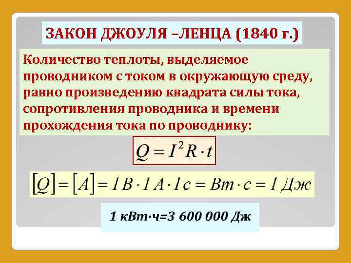 ЗАКОН ДЖОУЛЯ –ЛЕНЦА (1840 г. ) Количество теплоты, выделяемое проводником с током в окружающую