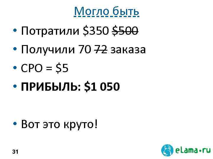 Могло быть • Потратили $350 $500 • Получили 70 72 заказа • CPO =