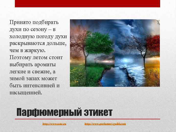 Принято подбирать духи по сезону – в холодную погоду духи раскрываются дольше, чем в
