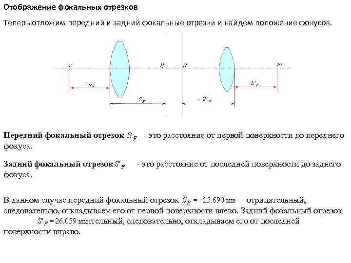 Где передний фокус. Фокальные отрезки линзы формула. Фокальный отрезок линзы формула. Передний фокус оптической системы. Задний фокальный отрезок.