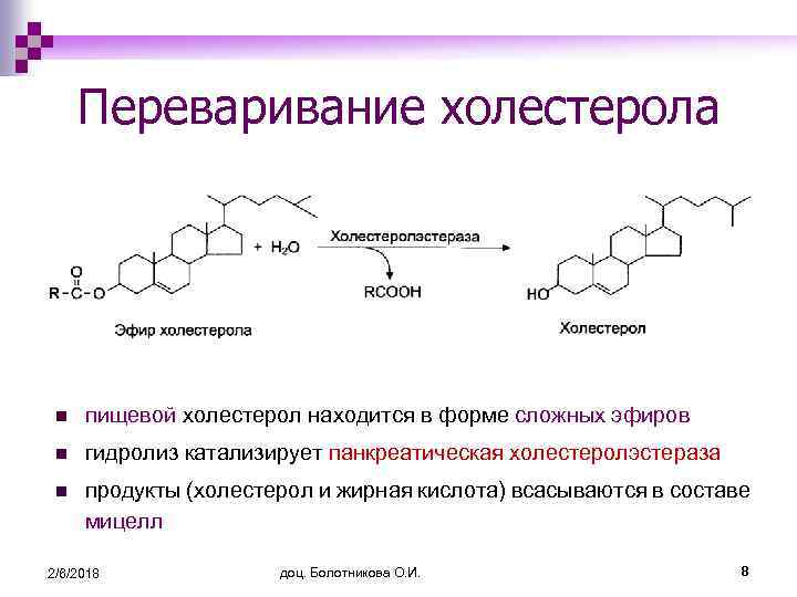 Переваривание холестерола n пищевой холестерол находится в форме сложных эфиров n гидролиз катализирует панкреатическая