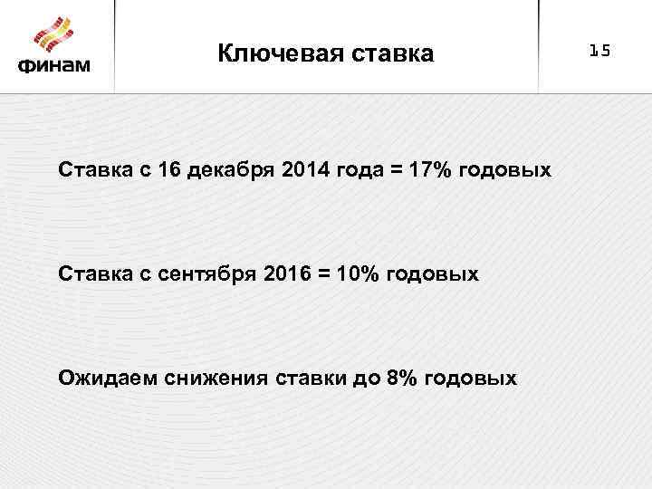 Ключевая ставка Ставка с 16 декабря 2014 года = 17% годовых Ставка с сентября