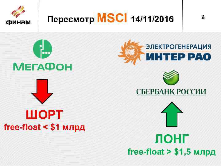 Пересмотр MSCI 14/11/2016 8 ШОРТ free-float < $1 млрд ЛОНГ free-float > $1, 5