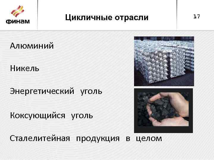 Цикличные отрасли Алюминий Никель Энергетический уголь Коксующийся уголь Сталелитейная продукция в целом 17 