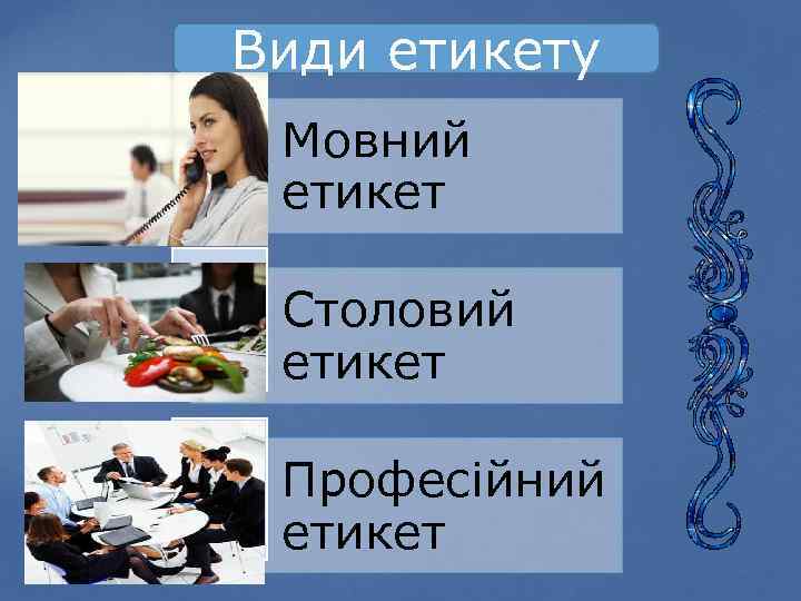 Види етикету Мовний етикет Столовий етикет Професійний етикет 