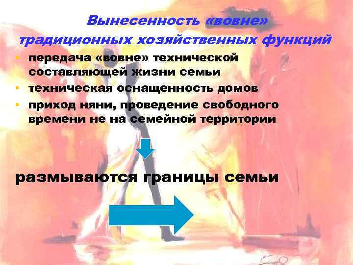Вынесенность «вовне» традиционных хозяйственных функций ▪ передача «вовне» технической составляющей жизни семьи ▪ техническая