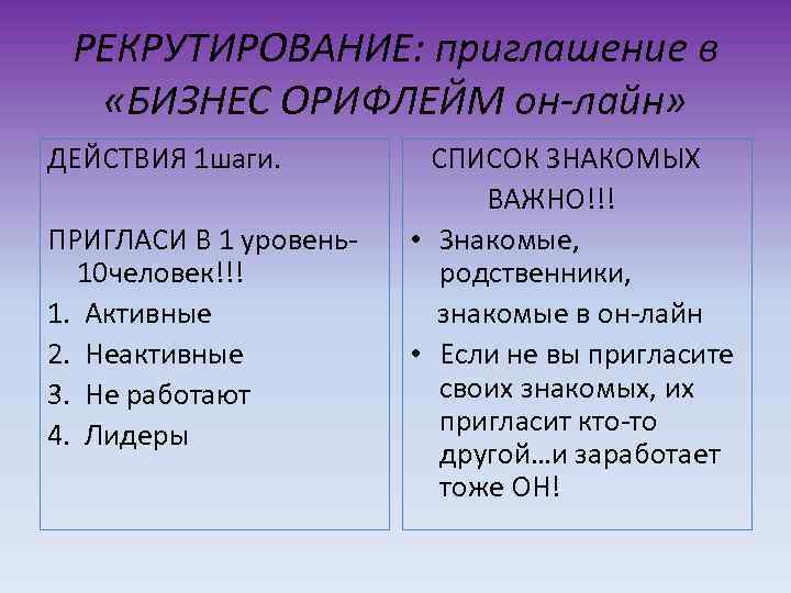 РЕКРУТИРОВАНИЕ: приглашение в «БИЗНЕС ОРИФЛЕЙМ он-лайн» ДЕЙСТВИЯ 1 шаги. ПРИГЛАСИ В 1 уровень- 10