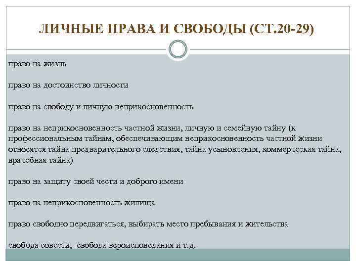 ЛИЧНЫЕ ПРАВА И СВОБОДЫ (СТ. 20 -29) право на жизнь право на достоинство личности