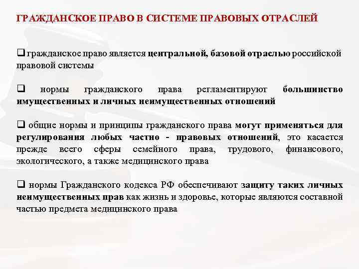 План гражданское право как отрасль права российского