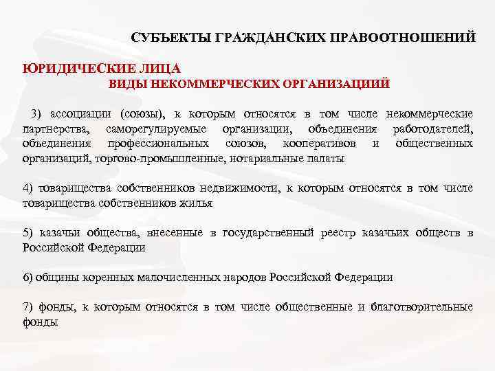  СУБЪЕКТЫ ГРАЖДАНСКИХ ПРАВООТНОШЕНИЙ ЮРИДИЧЕСКИЕ ЛИЦА ВИДЫ НЕКОММЕРЧЕСКИХ ОРГАНИЗАЦИИЙ 3) ассоциации (союзы), к которым