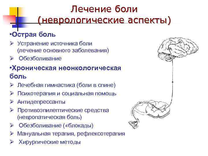 Лечение боли (неврологические аспекты) • Острая боль Ø Устранение источника боли (лечение основного заболевания)