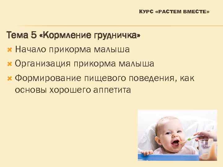 КУРС «РАСТЕМ ВМЕСТЕ» Тема 5 «Кормление грудничка» Начало прикорма малыша Организация прикорма малыша Формирование