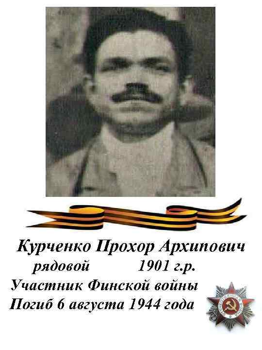Курченко Прохор Архипович рядовой 1901 г. р. Участник Финской войны Погиб 6 августа 1944