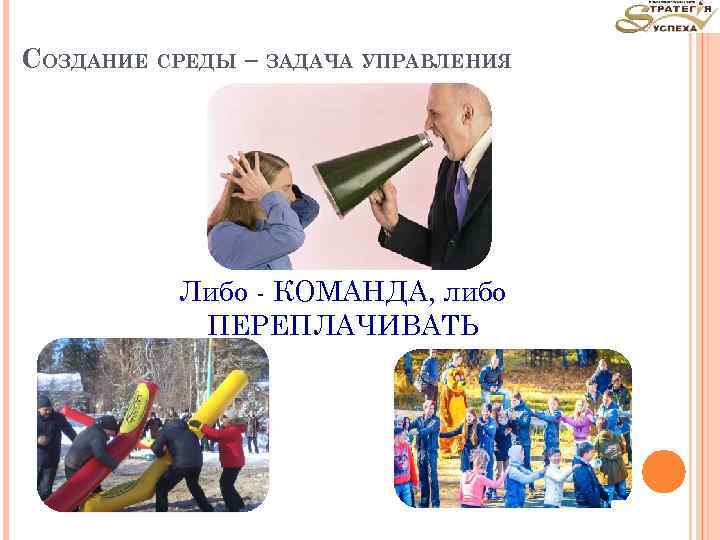 СОЗДАНИЕ СРЕДЫ – ЗАДАЧА УПРАВЛЕНИЯ Либо - КОМАНДА, либо ПЕРЕПЛАЧИВАТЬ 