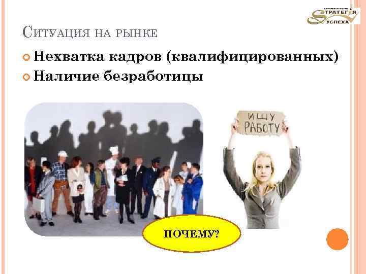 СИТУАЦИЯ НА РЫНКЕ Нехватка кадров (квалифицированных) Наличие безработицы ПОЧЕМУ? 