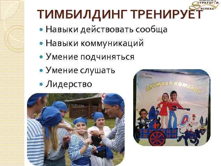 ТИМБИЛДИНГ ТРЕНИРУЕТ Навыки действовать сообща Навыки коммуникаций Умение подчиняться Умение слушать Лидерство 
