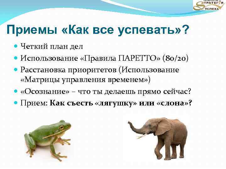 Приемы «Как все успевать» ? Четкий план дел Использование «Правила ПАРЕТТО» (80/20) Расстановка приоритетов