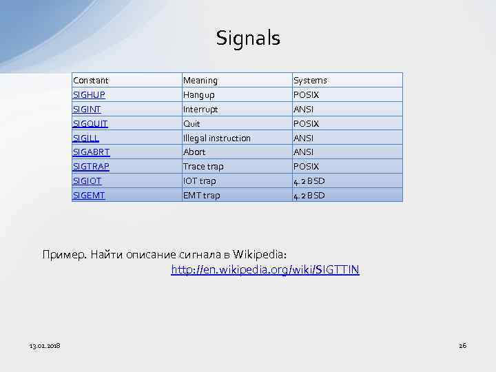 Signals Constant SIGHUP SIGINT SIGQUIT SIGILL SIGABRT SIGTRAP SIGIOT SIGEMT Meaning Hangup Interrupt Quit