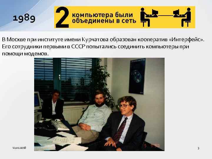 1989 В Москве при институте имени Курчатова образован кооператив «Интерфейс» . Его сотрудники первыми