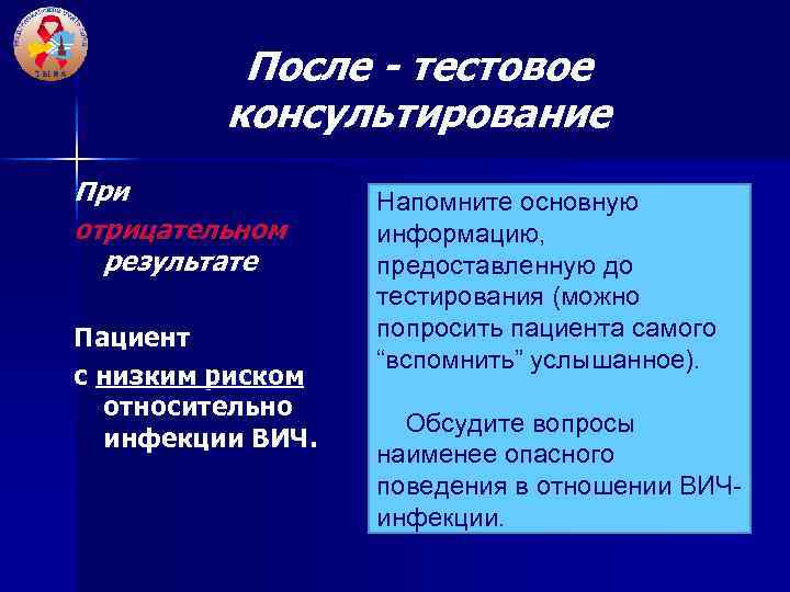 После - тестовое консультирование При отрицательном результате Пациент с низким риском относительно инфекции ВИЧ.