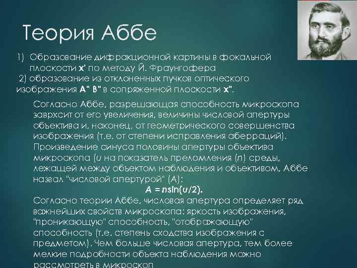 Теория Аббе 1) Образование дифракционной картины в фокальной плоскости x' по методу Й. Фраунгофера