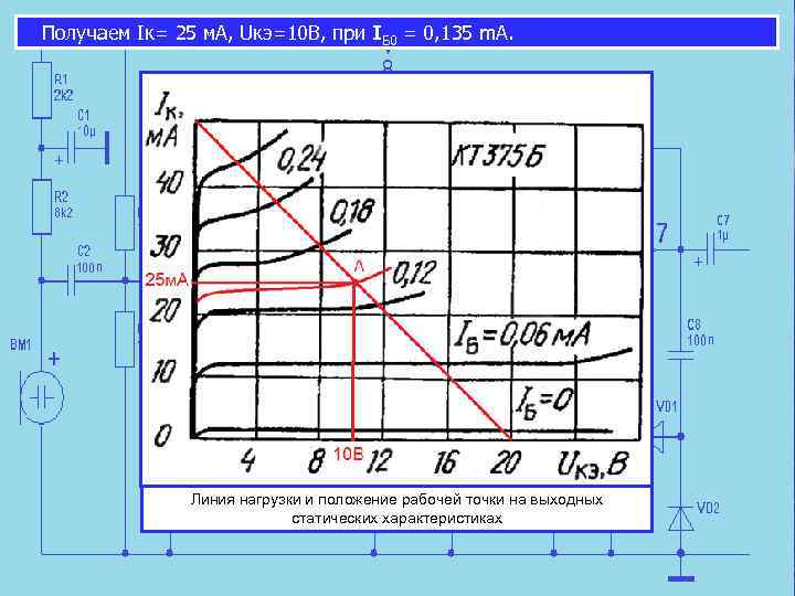 Получаем Iк= 25 м. А, Uкэ=10 В, при IБ 0 = 0, 135 m.