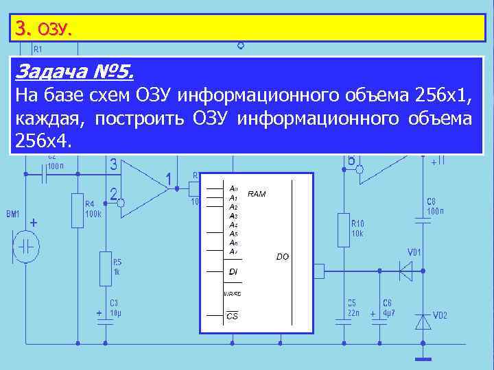 3. ОЗУ. Задача № 5. На базе схем ОЗУ информационного объема 256 х1, каждая,