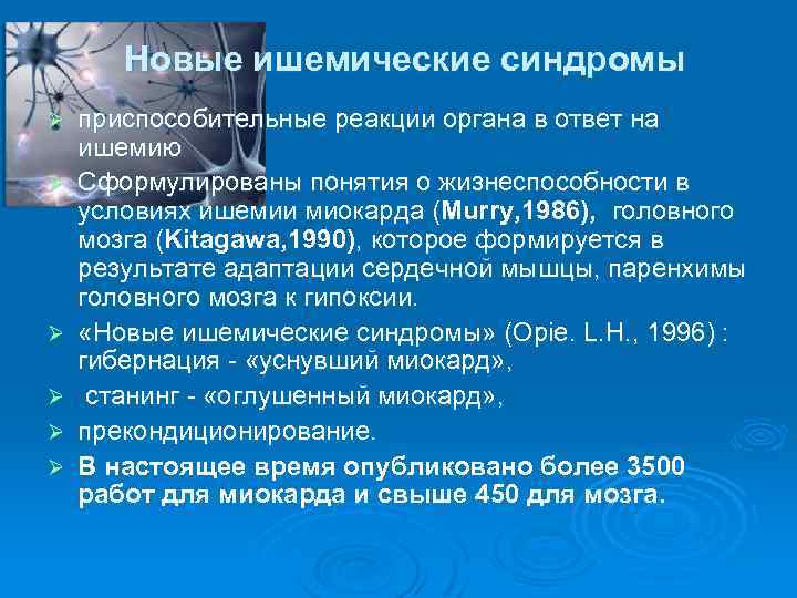 Новые ишемические синдромы Ø Ø Ø приспособительные реакции органа в ответ на ишемию Сформулированы