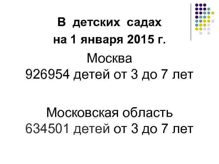 В детских садах на 1 января 2015 г. Москва 926954 детей от 3 до