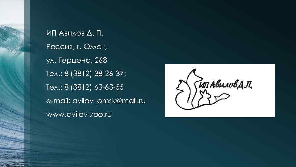 ИП Авилов Д. П. Россия, г. Омск, ул. Герцена, 268 Тел. : 8 (3812)