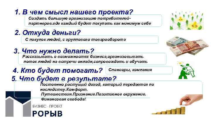 1. В чем смысл нашего проекта? Создать большую организацию потребителейпартнеров. где каждый будет покупать