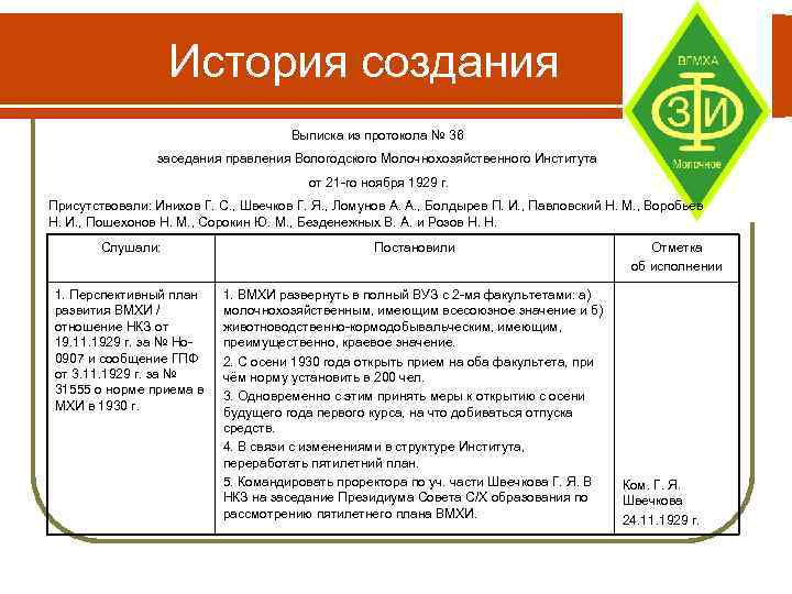 История создания Выписка из протокола № 36 заседания правления Вологодского Молочнохозяйственного Института от 21