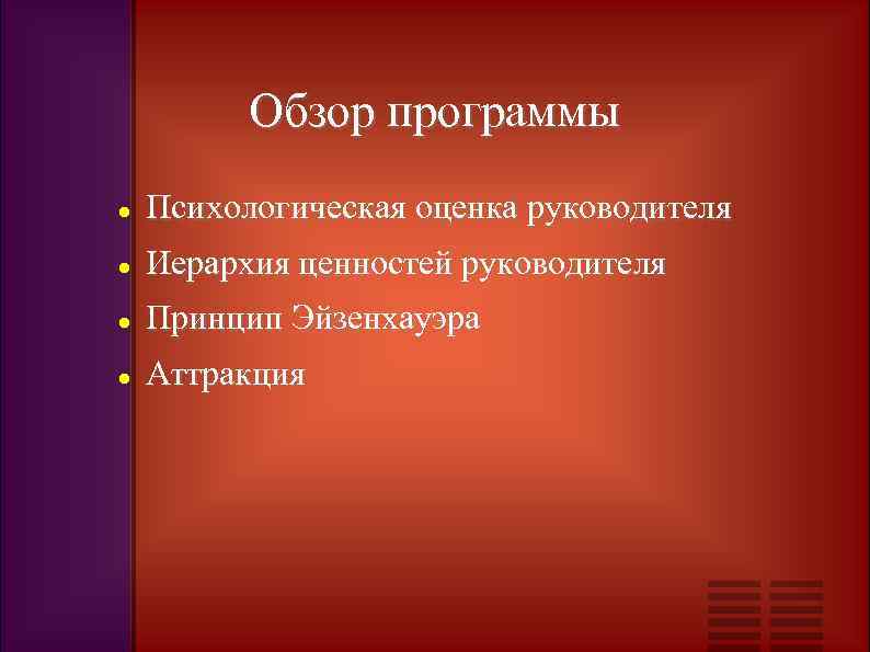 Обзор программы Психологическая оценка руководителя Иерархия ценностей руководителя Принцип Эйзенхауэра Аттракция 