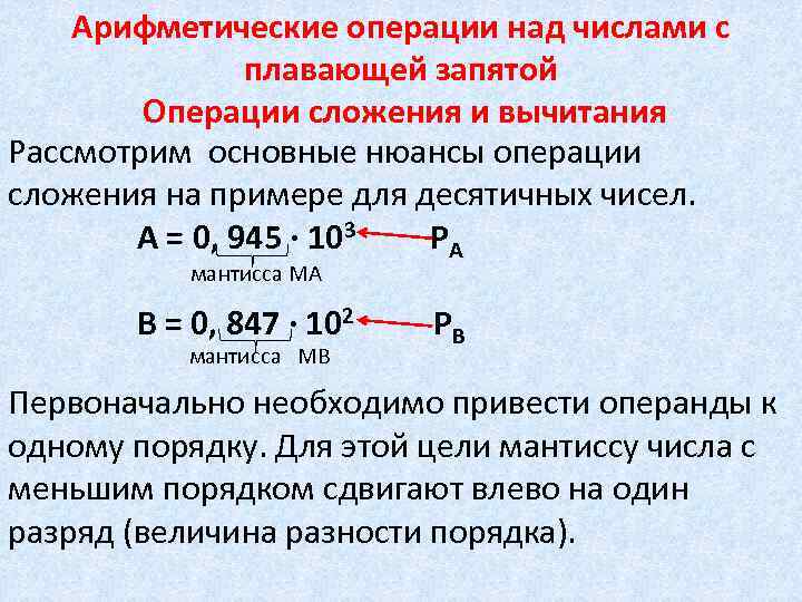 Арифметические операции над числами с плавающей запятой Операции сложения и вычитания Рассмотрим основные нюансы