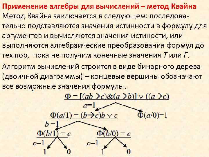 Применение алгебры для вычислений – метод Квайна Метод Квайна заключается в следующем: последовательно подставляются