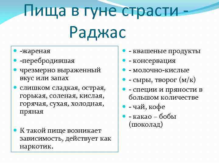 Пища в гуне страсти Раджас -жареная -перебродившая чрезмерно выраженный вкус или запах слишком