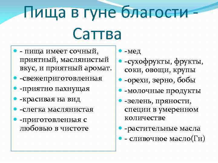  Пища в гуне благости Саттва - пища имеет сочный, приятный, маслянистый вкус, и