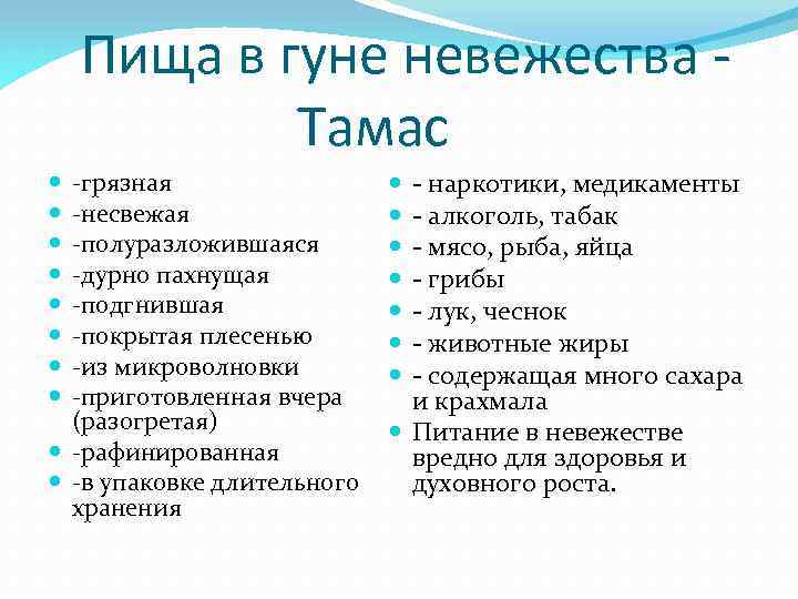  Пища в гуне невежества Тамас -грязная -несвежая -полуразложившаяся -дурно пахнущая -подгнившая -покрытая плесенью