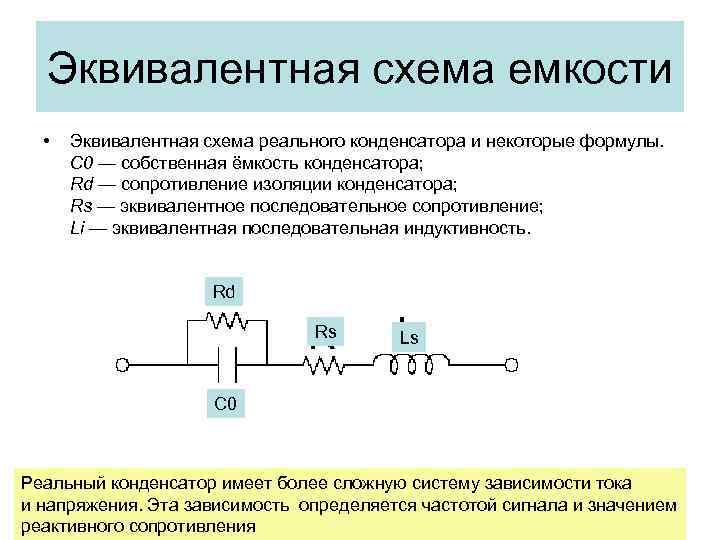 Эквивалентная схема емкости • Эквивалентная схема реального конденсатора и некоторые формулы. C 0 —