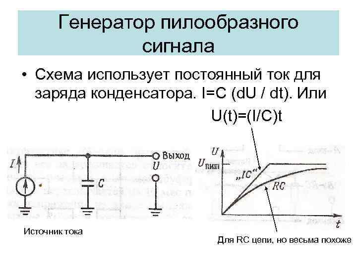 Генератор пилообразного сигнала • Схема использует постоянный ток для заряда конденсатора. I=C (d. U